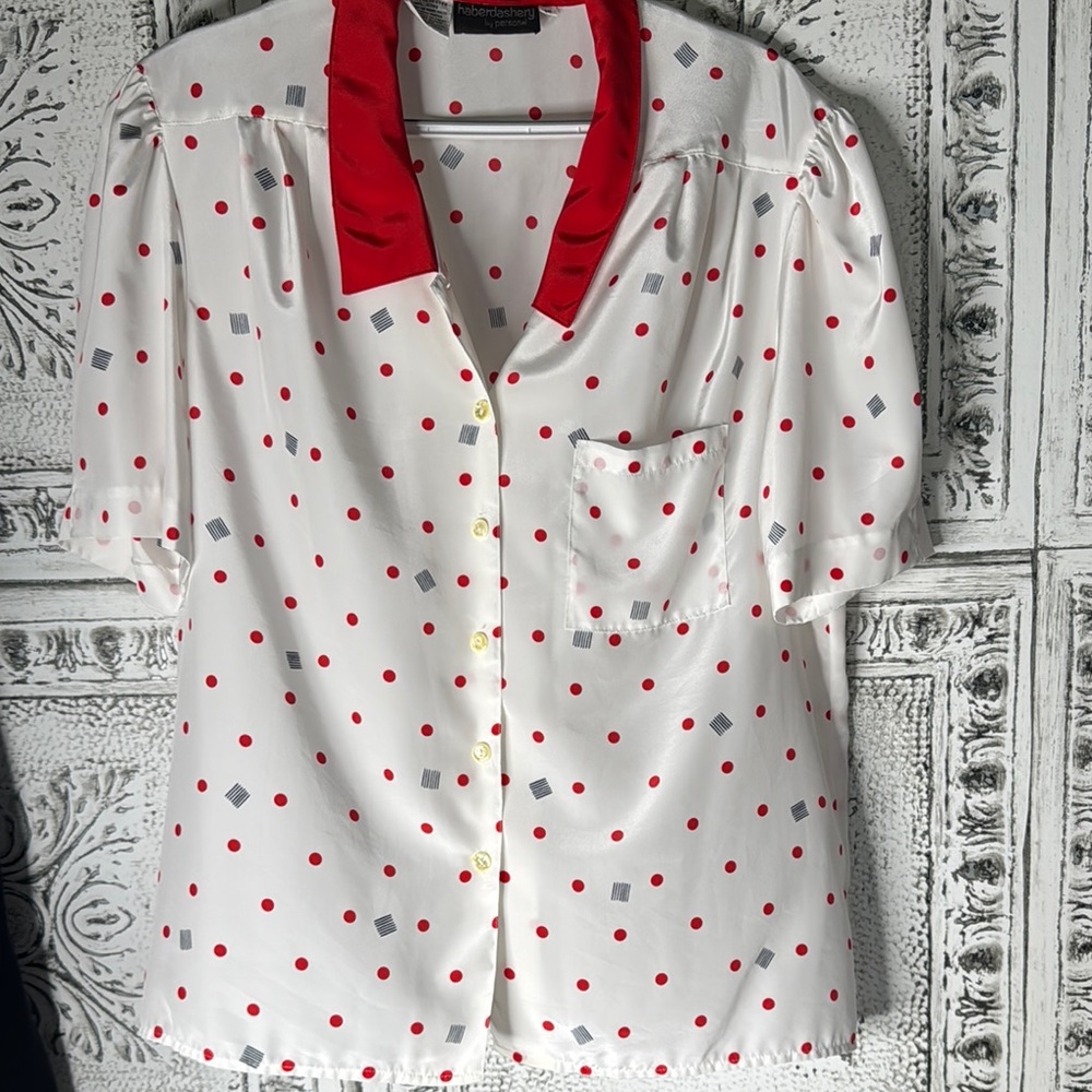 Vtg White Blouse with Red Polka Dots and Red Collar